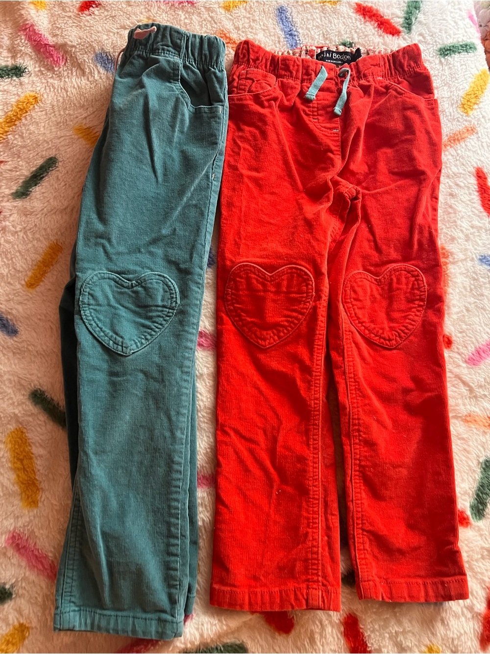Mini Boden Teal and Red Heart-Knee Cord Pants